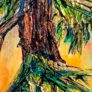 Ride, mixed media narrow tree painting by Canadian artist David Zimmerman | Effusion Art Gallery in Invermere, BC
