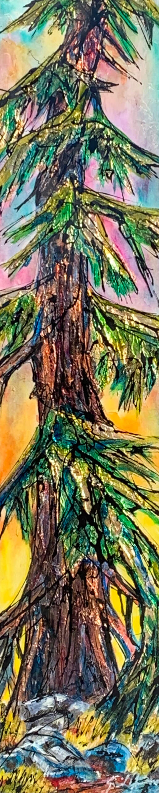 Ride, mixed media narrow tree painting by Canadian artist David Zimmerman | Effusion Art Gallery in Invermere, BC
