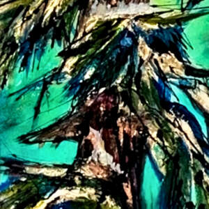 The Day Before, mixed media narrow tree painting by Canadian artist David Zimmerman | Effusion Art Gallery in Invermere, BC