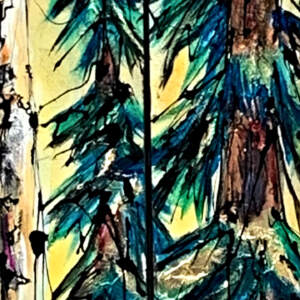 The Rise and Fall, mixed media narrow tree painting by Canadian artist David Zimmerman | Effusion Art Gallery in Invermere, BC