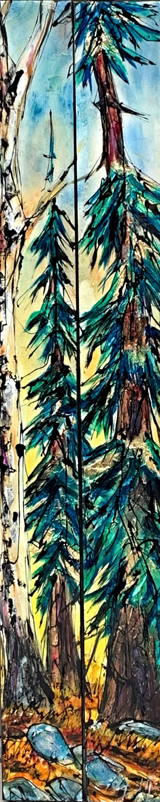 The Rise and Fall, mixed media narrow tree painting by Canadian artist David Zimmerman | Effusion Art Gallery in Invermere, BC