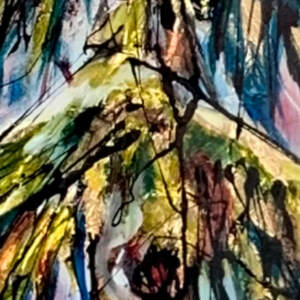 Who are You Becoming, mixed media narrow tree painting by Canadian artist David Zimmerman | Effusion Art Gallery in Invermere, BC
