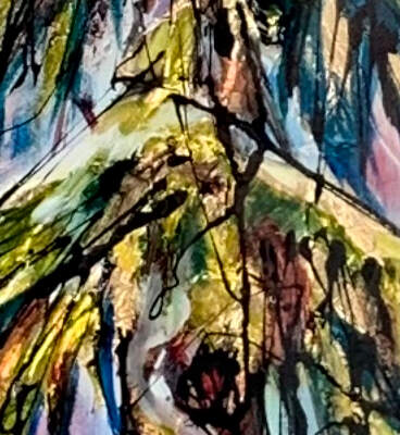 Who are You Becoming, mixed media narrow tree painting by Canadian artist David Zimmerman | Effusion Art Gallery in Invermere, BC