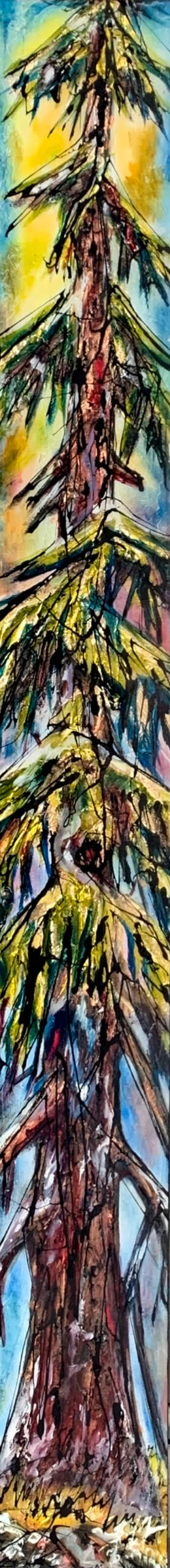 Who are You Becoming, mixed media narrow tree painting by Canadian artist David Zimmerman | Effusion Art Gallery in Invermere, BC