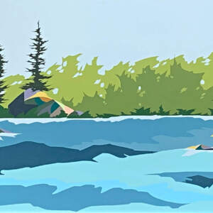 Original color-blocked beach painting of blue water and trees on a sunny summer day by Michelle Barkway.