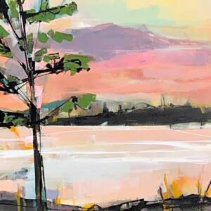 Original acrylic landscape painting of a lone tree in front of a calm lake during a vibrant summer sunset by Katie Lois.