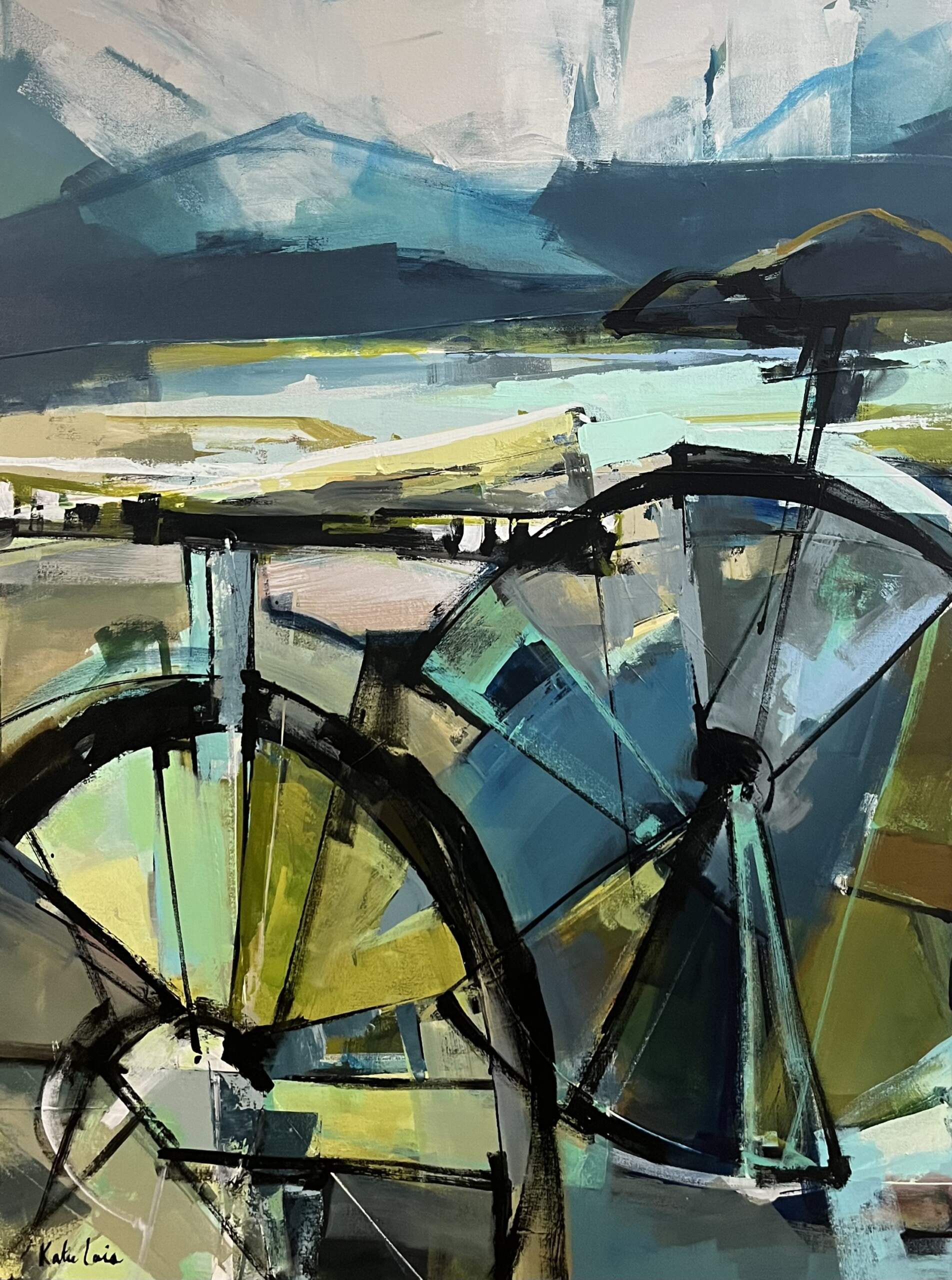 Simple Joys, original acrylic mountain bike painting by Canadian artist Katie Lois at Effusion Art Gallery in Invermere, BC