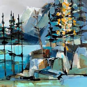 Original acrylic cubist landscape painting of Floe Lake in the early autumn with one golden tree by Katie Lois.