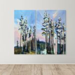 These Trees and Those Trees, original acrylic tree sunset paintings by Canadian artist Katie Lois at Effusion Art Gallery in Invermere, BC.