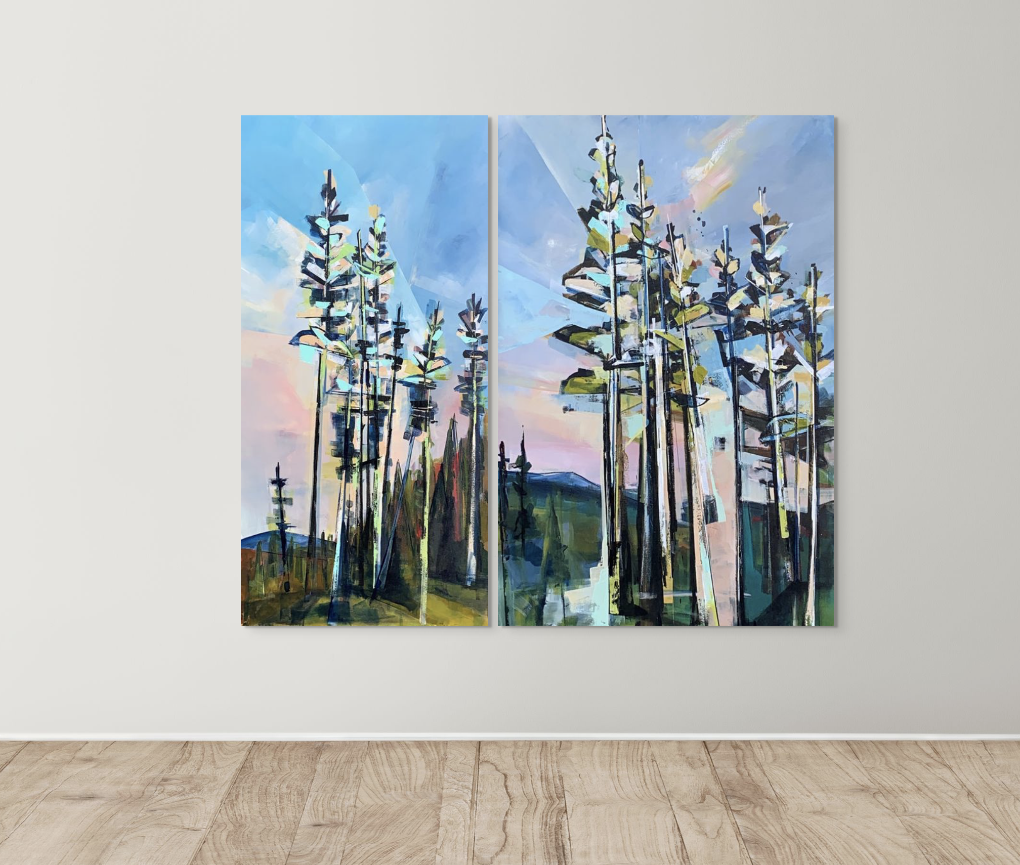 These Trees and Those Trees, original acrylic tree sunset paintings by Canadian artist Katie Lois at Effusion Art Gallery in Invermere, BC.