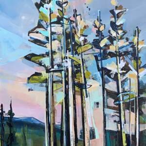 Those Trees, original acrylic sunset tree painting by Canadian artist Katie Lois at Effusion Art Gallery in Invermere, BC