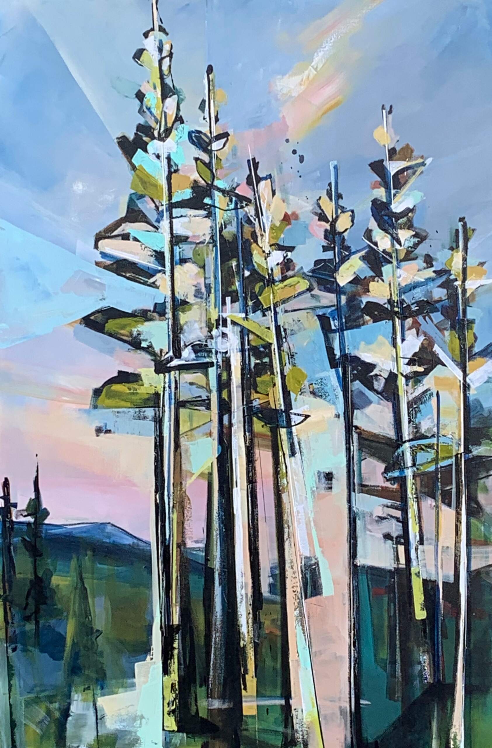 Those Trees, original acrylic sunset tree painting by Canadian artist Katie Lois at Effusion Art Gallery in Invermere, BC