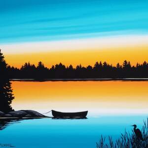 Original acrylic landscape painting of a calm summer lake with a silhouette canoe and a heron during a vibrant orange and blue sunset.
