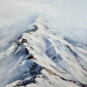 Original acrylic landscape painting of a mountain peak on a winter day by Jane Bronsch.