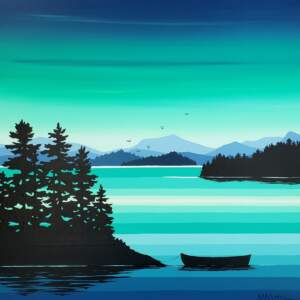Original acrylic painting of a lake with a canoe during at twilight with a vibrant green and navy sky by Monica Morrill.