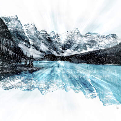 Moraine Lake Snow Globe, composite photograph by Stacey Bodnaruk at Effusion Art Gallery in Invermere, BC.