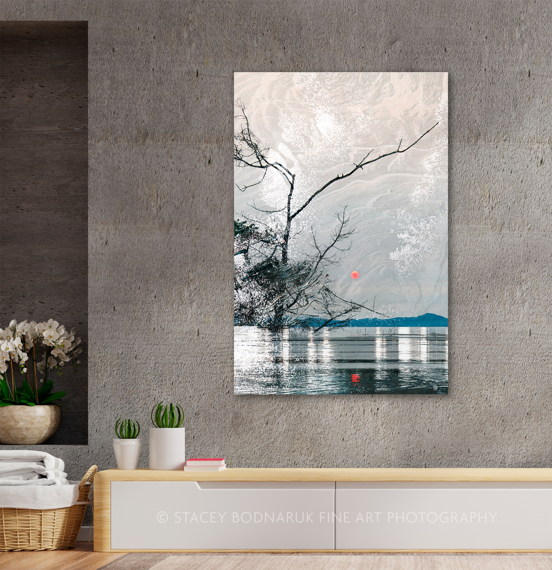 Red Sun Rising, original composite photograph by Canadian artist Stacey Bodnaruk at Effusion Art Gallery in Invermere, BC.