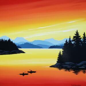 Original acrylic painting of two kayaks on calm water during a vibrant summer sunrise by Monica Morrill.