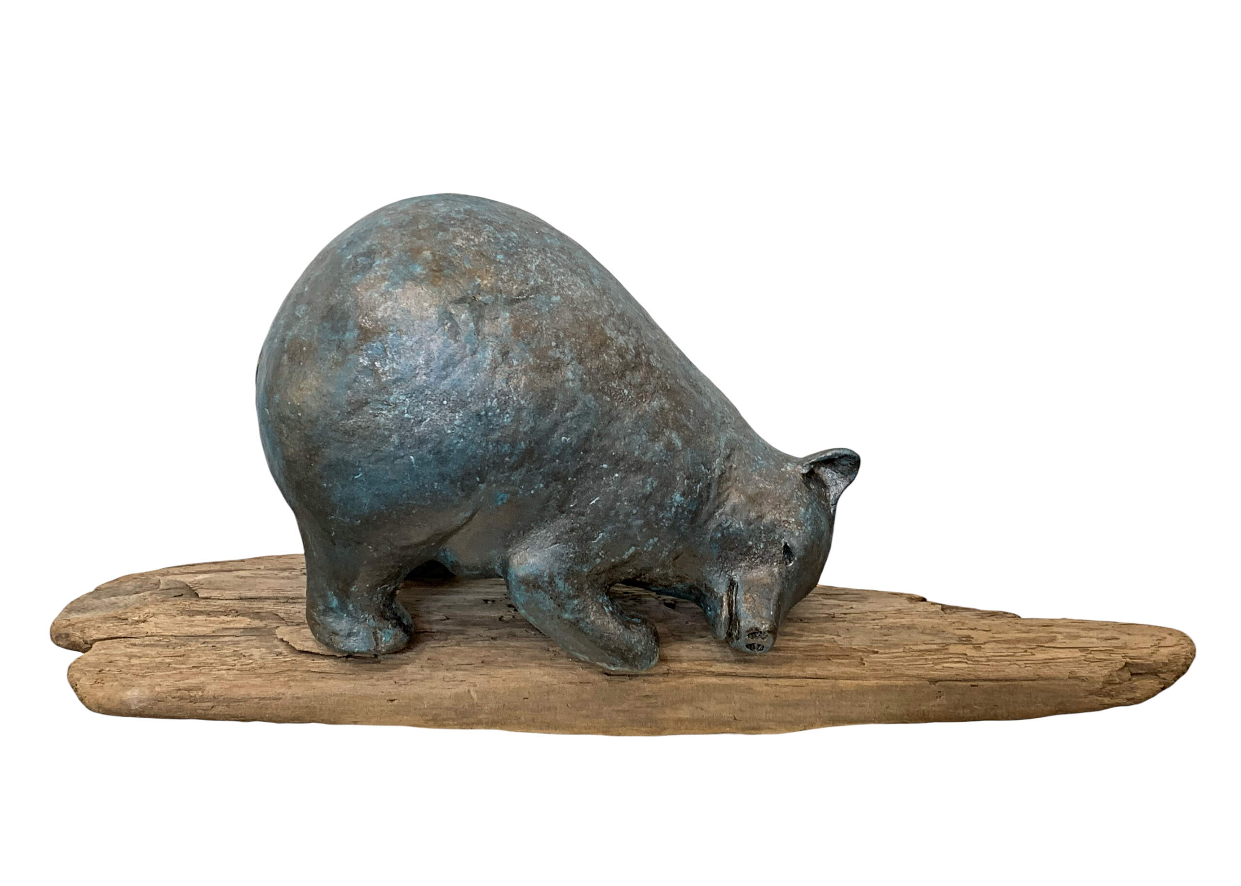 The Ant Listener, original mixed media bear sculpture by Canadian artist Karin Taylor at Effusion Art Gallery in Invermere, BC.