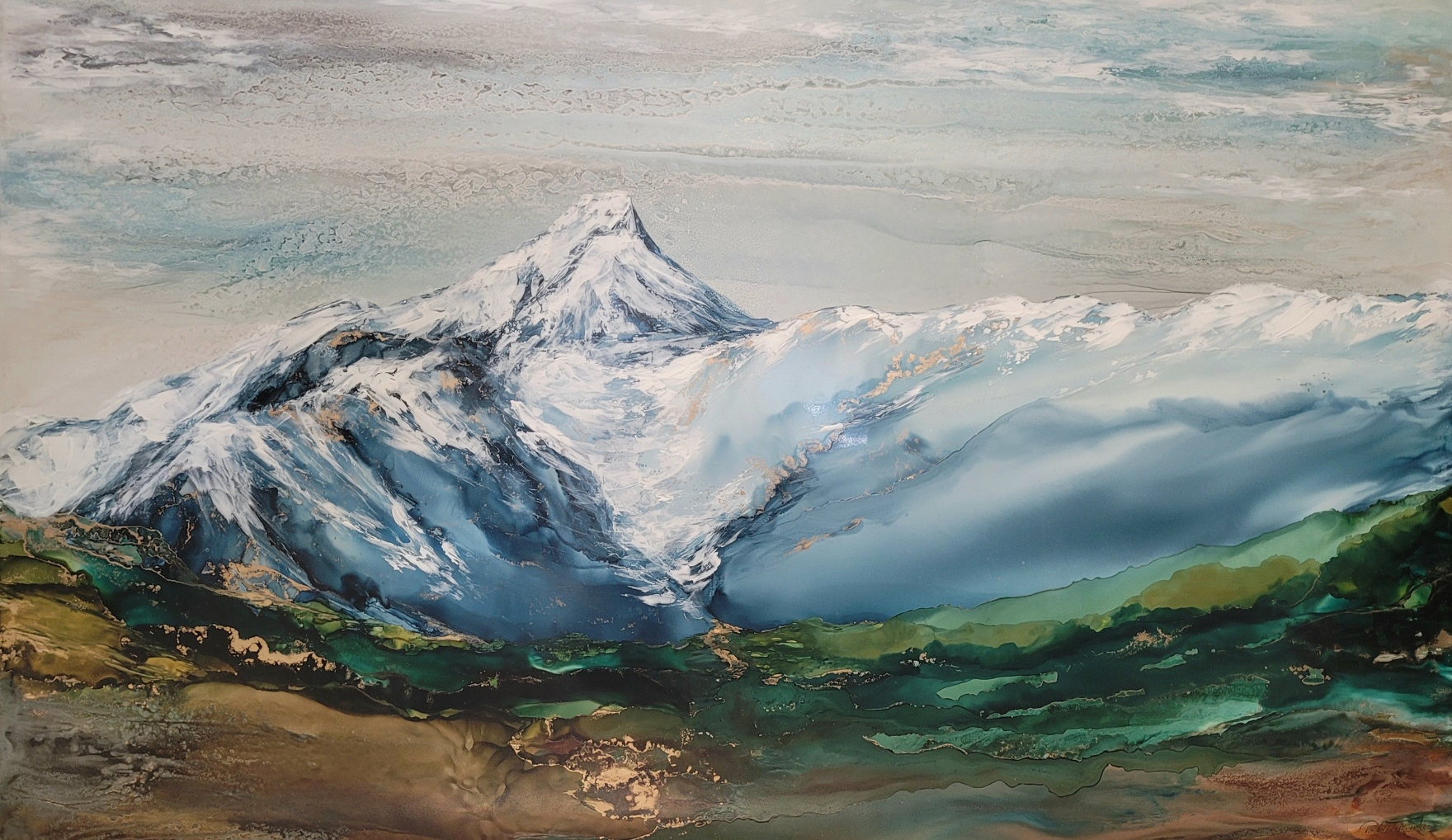 Stand Sure, original alcohol ink landscape painting of Mt. Nelson by Paulina Tokarski at Effusion Art Gallery in Invermere, BC.