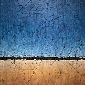 Original textured mixed media blue, yellow ochre, and black abstract painting by Canadian artist Karen Bagayawa.