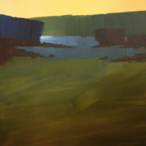 Original abstract painting of a green summer BC landscape at dawn by Canadian artist Michael King.
