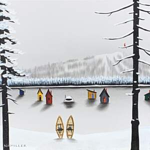 Mixed media painting of snowshoes and ice fishing shacks on the frozen lake by Natasha Miller.