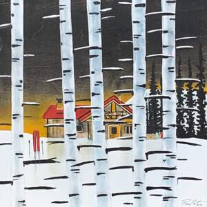 Original mixed media painting of the Summit Hut at Panorama Resort at sunset by Cody Pendleton.