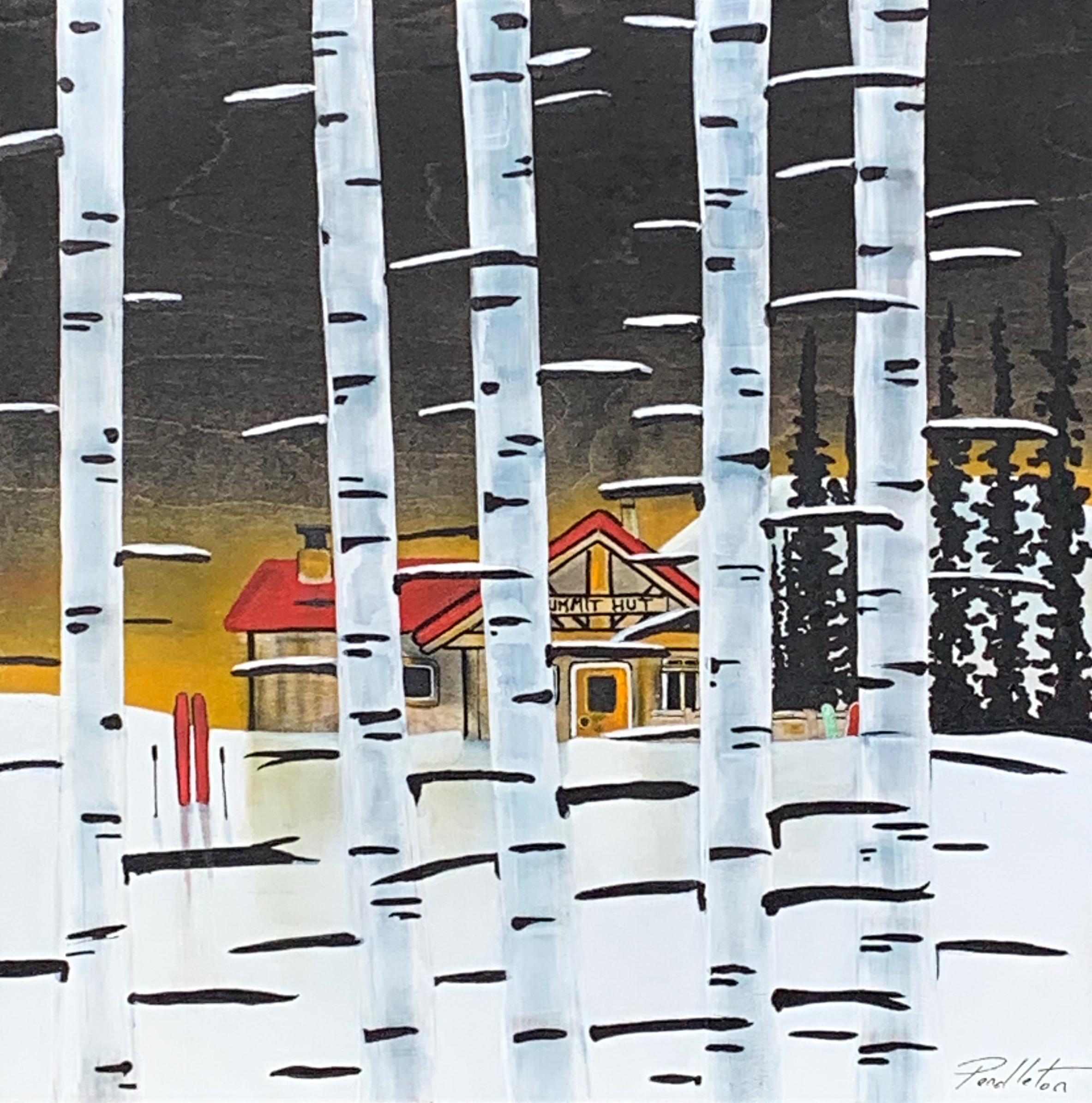 Morning Light, mixed media winter sunset landscape painting of the Panorama Summit Hut by Cody Pendleton at Effusion Art Gallery in Invermere, BC.