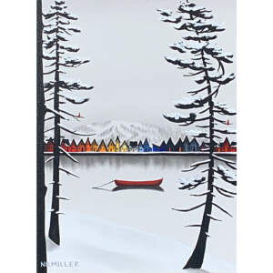 Original mixed media painting of a red canoe on a winter mountain lake with tiny colorful cabins in the background by Natasha Miller.