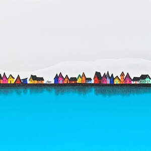 Original mixed media painting of a bright turquoise lake with tiny colorful cabins in the background by Natasha Miller.