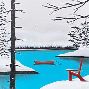 Original mixed media painting of a red canoe on a bright turquoise winter mountain lake and a red Adirondack chair by Natasha Miller.