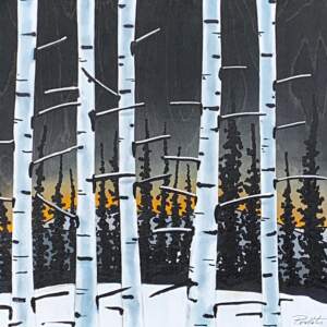 Original mixed media painting of a winter sunset over trees by Cody Pendleton.