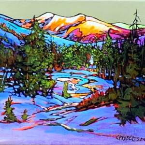 Original acrylic landscape painting of sunset in the Rocky Mountains on a warm winter day by Catherine Robertson.