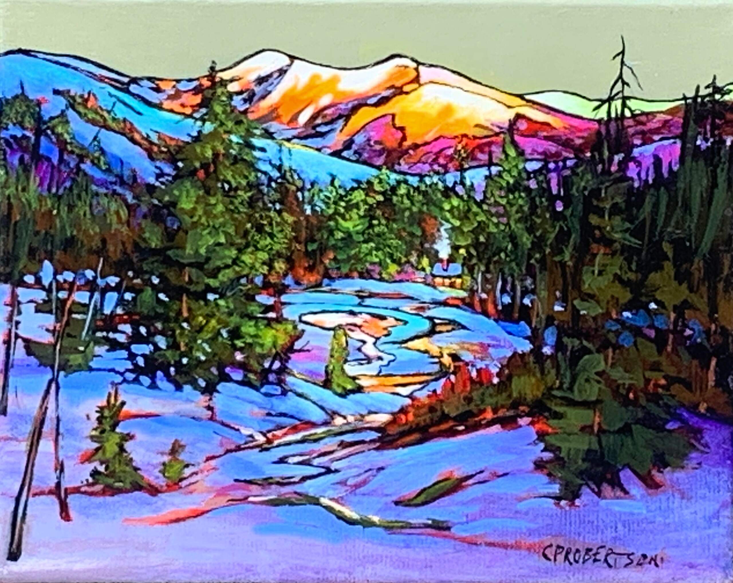Alpine Magic, winter sunset landscape painting by Catherine Robertson at Effusion Art Gallery in Invermere, BC.