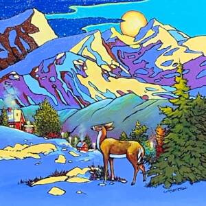 Original acrylic landscape painting of a cute doe standing in the snow in the mountains under the full moon and stars by Catherine Robertson.