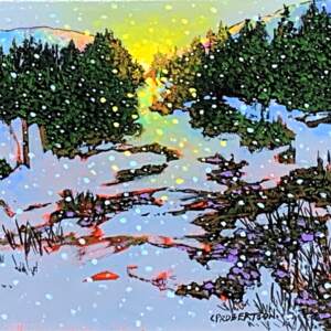 Original acrylic quiet landscape painting of light snow at sunset by Catherine Robertson.