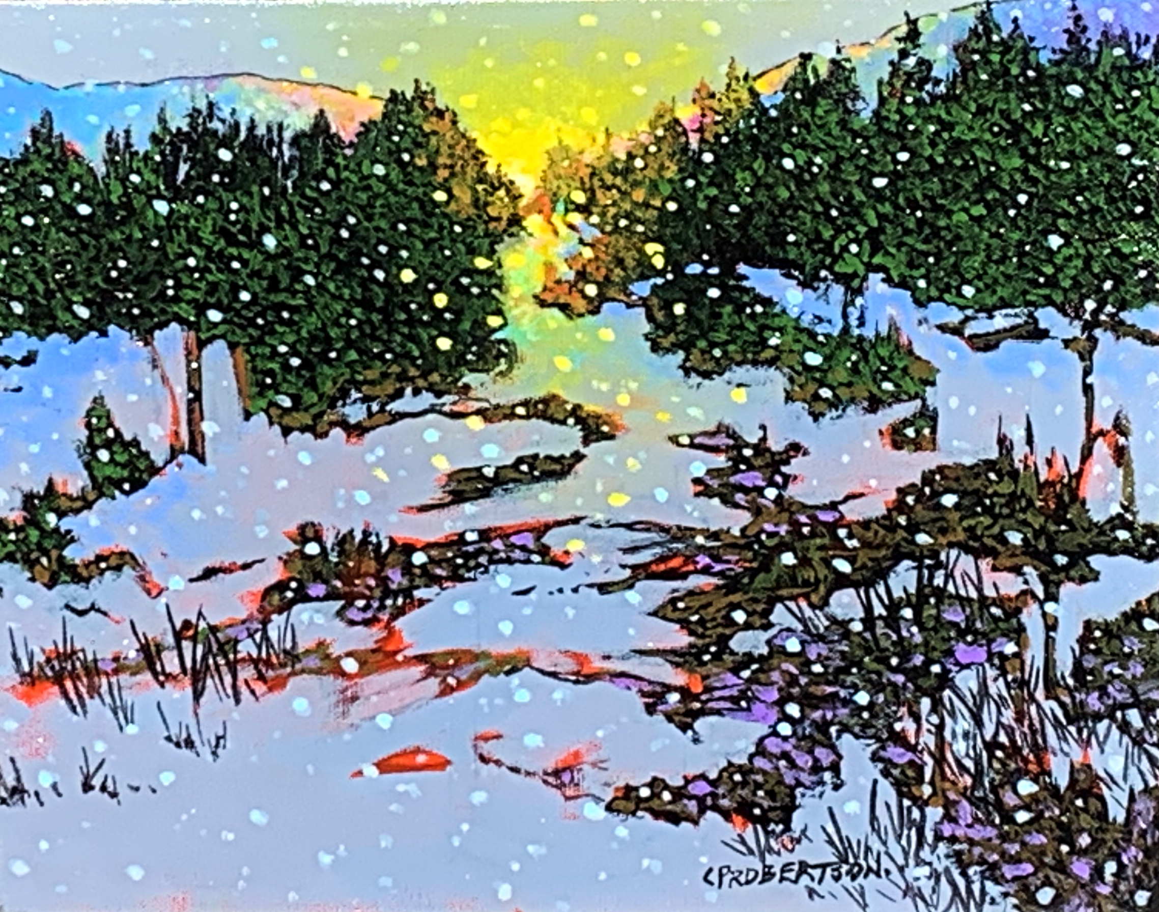 Flakes of Gold, winter sunset landscape painting by Catherine Robertson at Effusion Art Gallery in Invermere, BC.