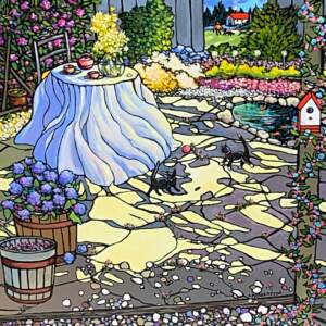 Original whimsical acrylic painting of a summer garden tea party with lots of flowers and two cats playing by Catherine Robertson.