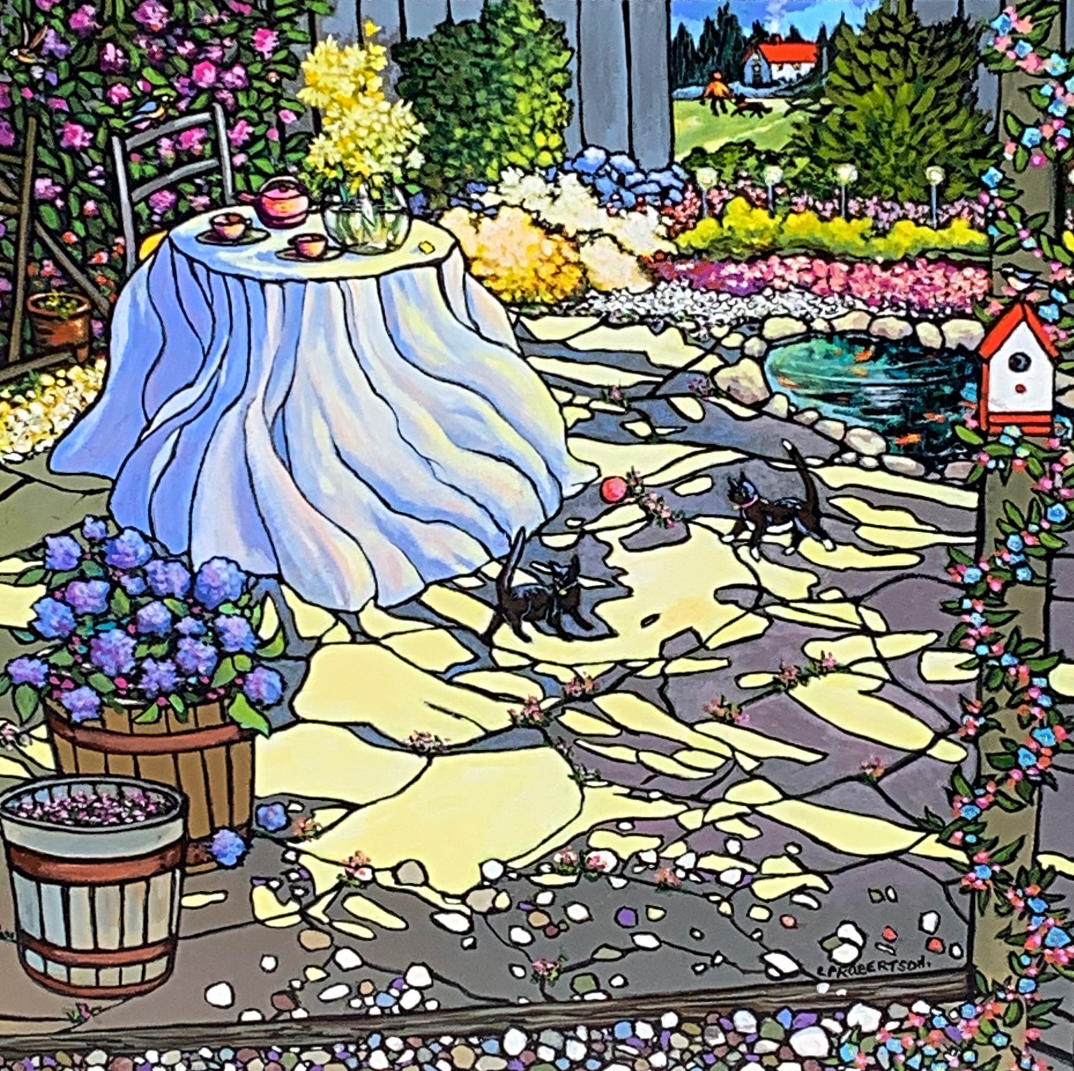 Garden Fun, whimsical painting of tea in a summer garden with cats playing by Catherine Robertson at Effusion Art Gallery in Invermere, BC.