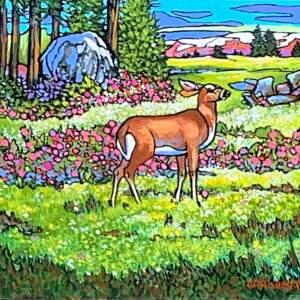 Original acrylic painting of a cute doe standing in a green meadow full of pink flowers by Catherine Robertson.