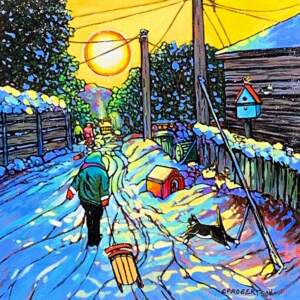 Whimsical painting of a happy child walking home at sunset with his sled and cat by Catherine Robertson.
