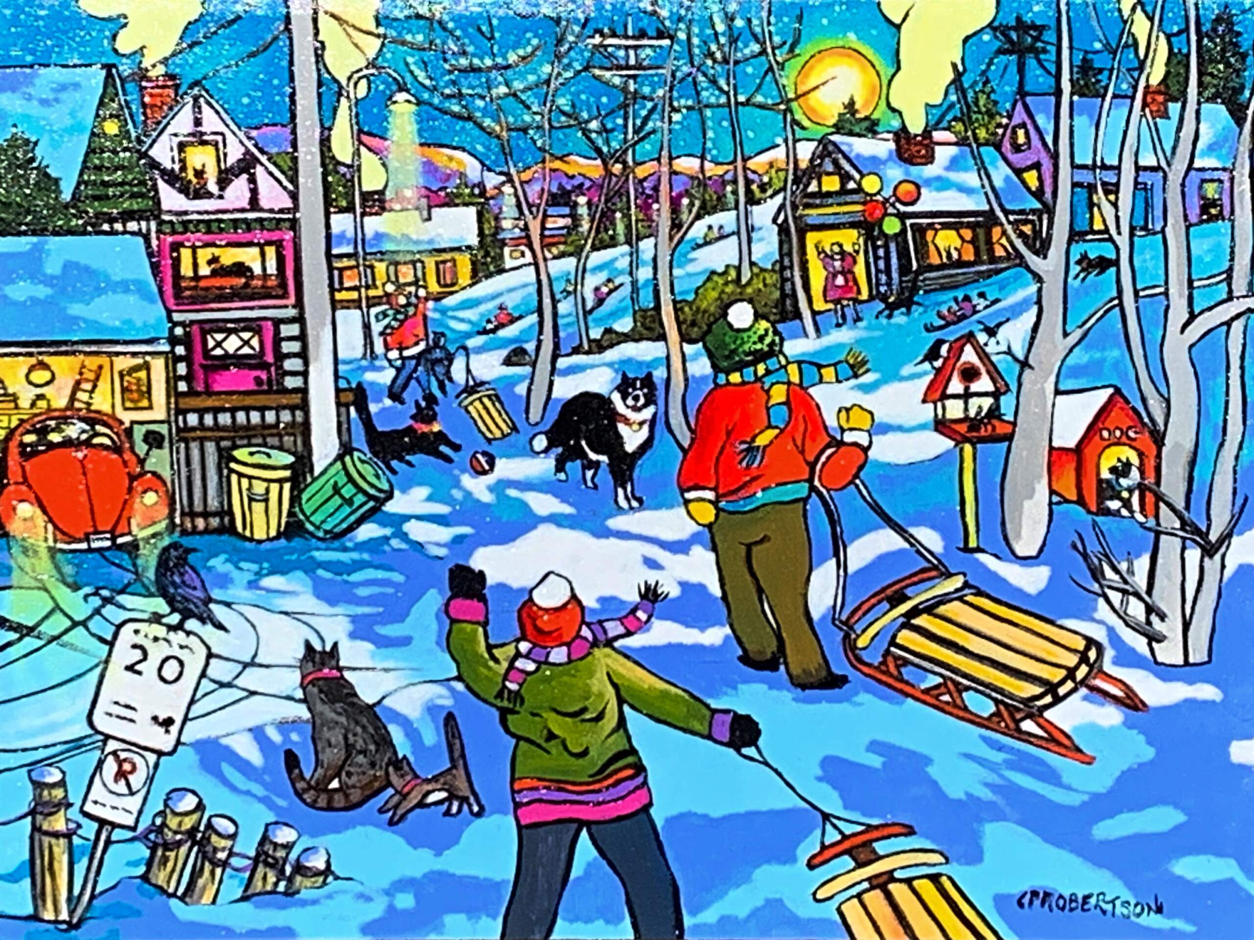 Snow, Stars and Sleighs, acrylic playful winter landscape by Canadian artist Catherine Robertson at Effusion Art Gallery in Invermere, BC.