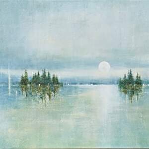 Original acrylic painting of trees gently reflecting onto a calm soft blue and green lake with a full moon by Gina Sarro.