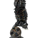 The Night Watch, Reclaimed Metal Owl Clock Sculpture by Wendy Stone at Effusion Art Gallery in Invermere, BC.
