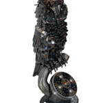 The Night Watch, Reclaimed Metal Owl Clock Sculpture by Wendy Stone at Effusion Art Gallery in Invermere, BC.