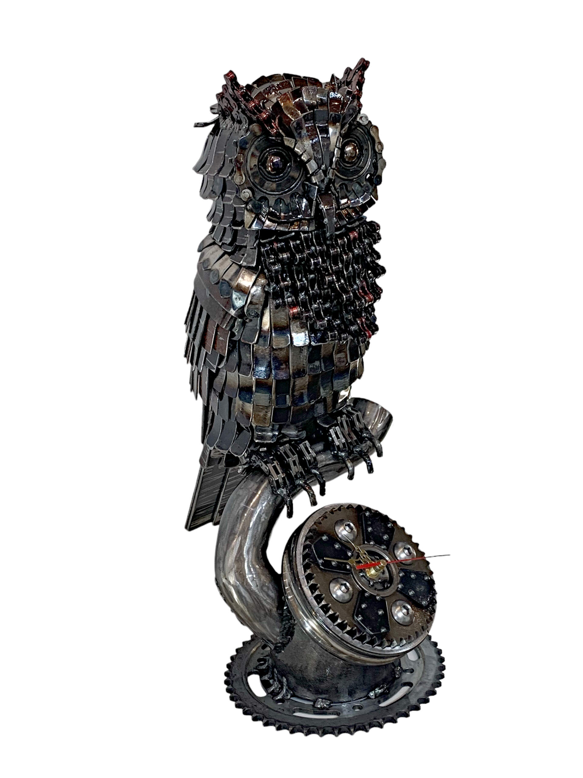 The Night Watch, Reclaimed Metal Owl Clock Sculpture by Wendy Stone at Effusion Art Gallery in Invermere, BC.