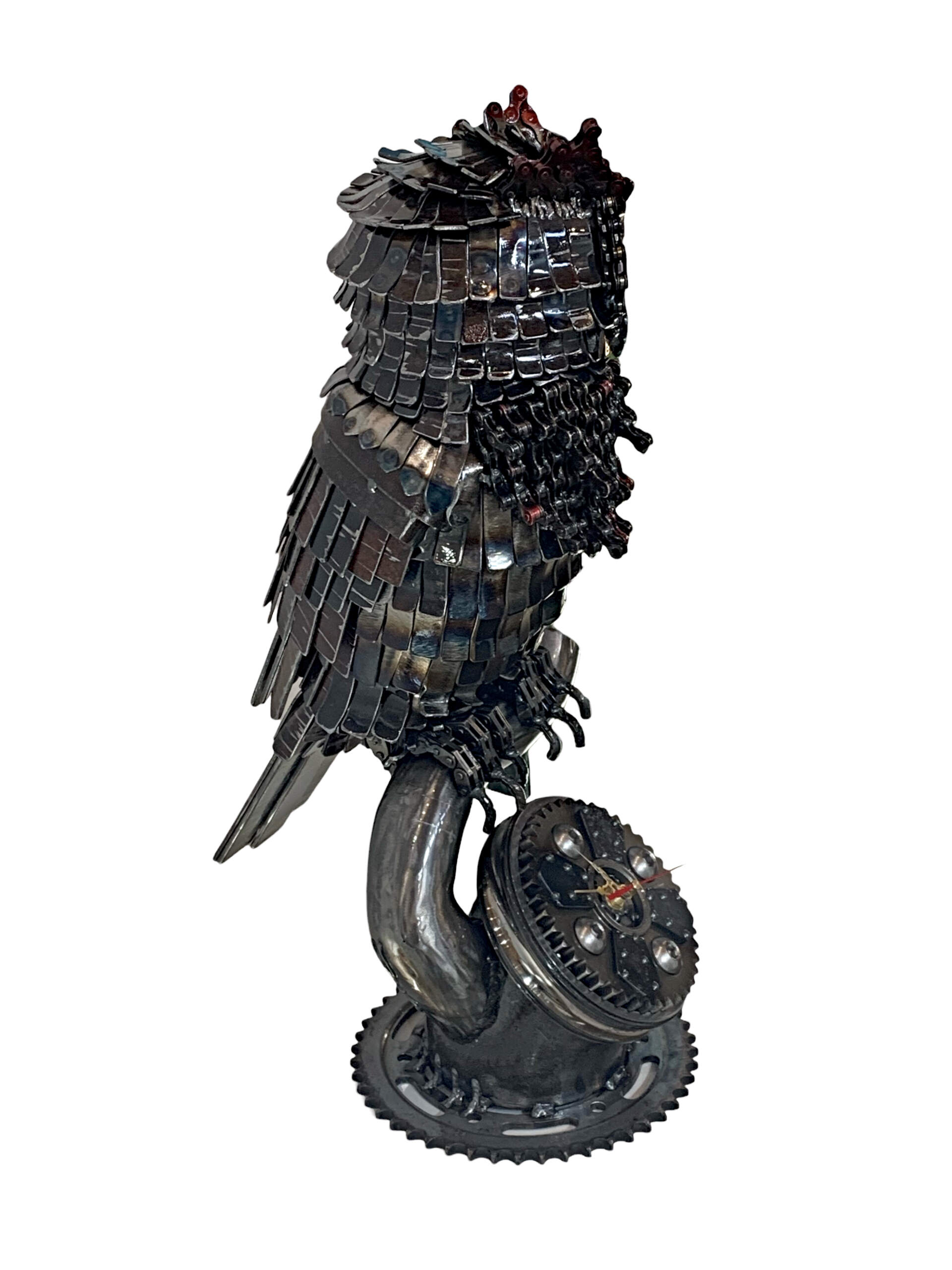 The Night Watch, Reclaimed Metal Owl Clock Sculpture by Wendy Stone at Effusion Art Gallery in Invermere, BC.