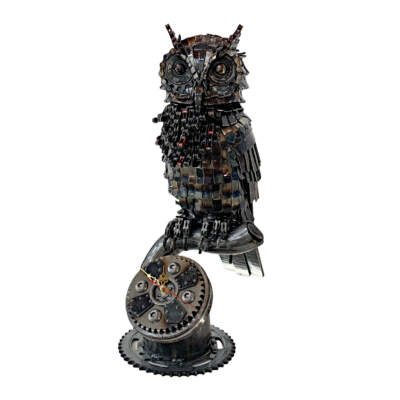 The Night Watch, Reclaimed Metal Owl Clock Sculpture by Wendy Stone at Effusion Art Gallery in Invermere, BC.