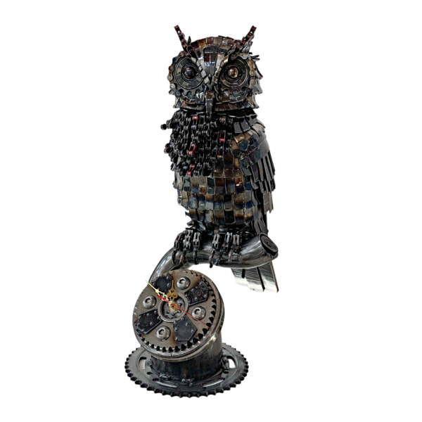 The Night Watch, Reclaimed Metal Owl Clock Sculpture by Wendy Stone at Effusion Art Gallery in Invermere, BC.
